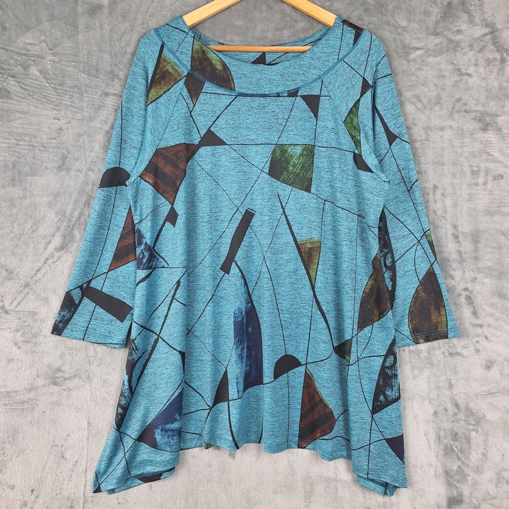 Jess & Jane Top XL Blue Artsy Art To Wear Office Abstract Casual Indie Tunic
